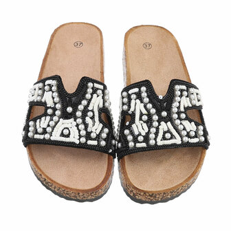 Dames slippers met parels en kralen - zwart