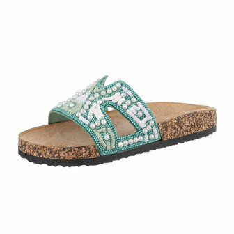 Dames slippers met parels en kralen - turquoise