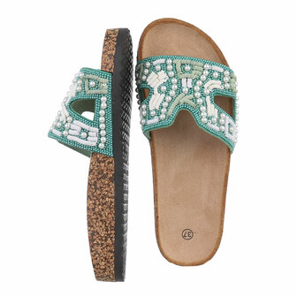 Dames slippers met parels en kralen - turquoise