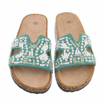 Dames slippers met parels en kralen - turquoise