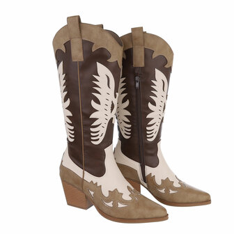 Dames cowboy laarzen / halfhoge western kuitlaarzen - donkerbruin / khaki