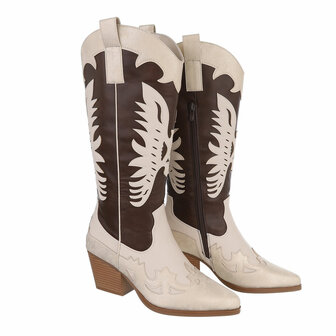Dames cowboy laarzen / halfhoge western kuitlaarzen - donkerbruin / goud