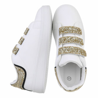 Dames sneakers / lage gympen met klittenband - wit / goud