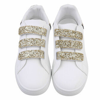Dames sneakers / lage gympen met klittenband - wit / goud