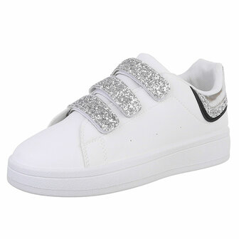 Dames sneakers / lage gympen met klittenband - wit / zilver