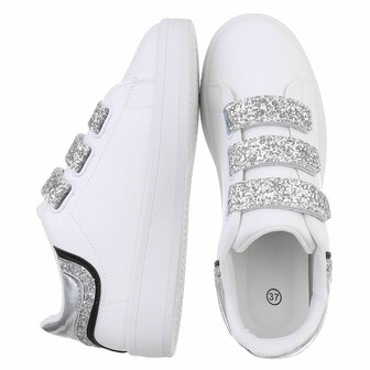 Dames sneakers / lage gympen met klittenband - wit / zilver