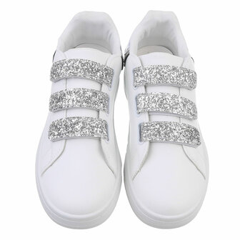 Dames sneakers / lage gympen met klittenband - wit / zilver