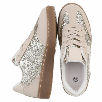 Dames retro sneakers / lage gympen met glitter - beige / goud