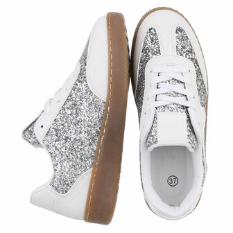 Dames retro sneakers / lage gympen met glitter - wit / zilver