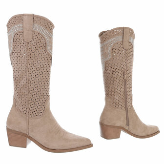 Dames hoge cowboy laarzen / western boots met strass - lichtbruin / khaki
