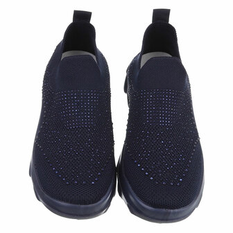 Dames instap sneakers / slip-on instappers met strass - donkerblauw