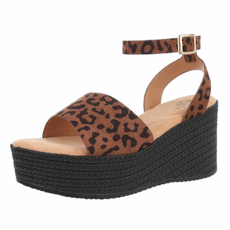 Dames wedge sandalen met sleehakken - bruin panterprint