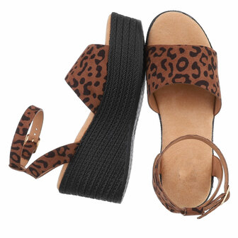 Dames wedge sandalen met sleehakken - bruin panterprint