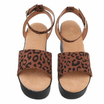 Dames wedge sandalen met sleehakken - bruin panterprint