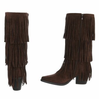Dames hoge cowboy laarzen / western kuitlaarzen met franjes - donker bruin