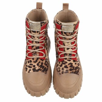 Dames veterboots / laarzen met veters - panterprint bruin rood