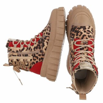 Dames veterboots / laarzen met veters - panterprint bruin rood