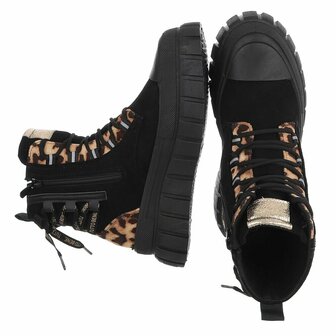 Dames veterboots / laarzen met veters - zwart panterprint