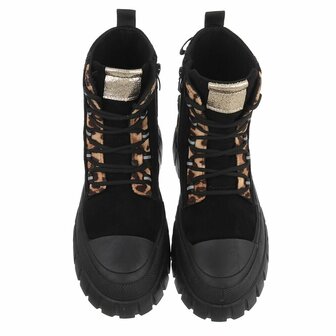 Dames veterboots / laarzen met veters - zwart panterprint