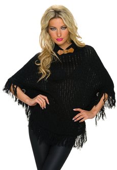 Dames poncho / omslagdoek met franjes - zwart