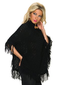 Dames poncho / omslagdoek met franjes - zwart