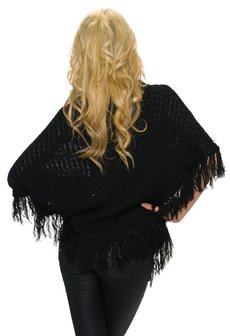 Dames poncho / omslagdoek met franjes - zwart