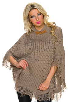 Dames poncho / omslagdoek met franjes - bruin