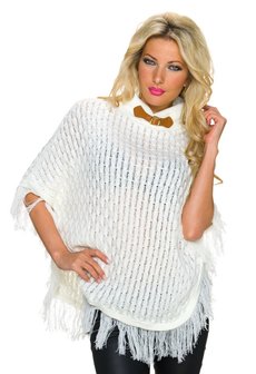 Dames poncho / omslagdoek met franjes - creme