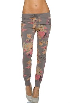Dames broek / joggingbroek met bloemen - kaki