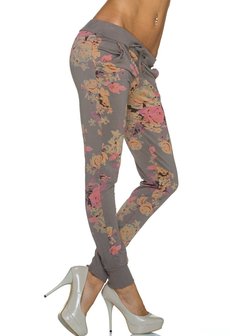 Dames broek / joggingbroek met bloemen - kaki