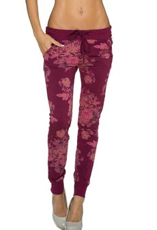 Dames broek / joggingbroek met bloemen - wijnrood