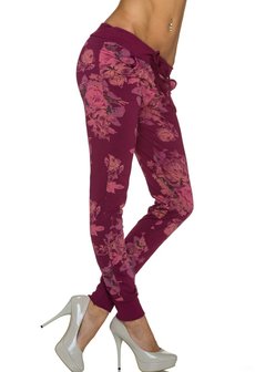 Dames broek / joggingbroek met bloemen - wijnrood