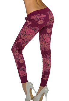 Dames broek / joggingbroek met bloemen - wijnrood