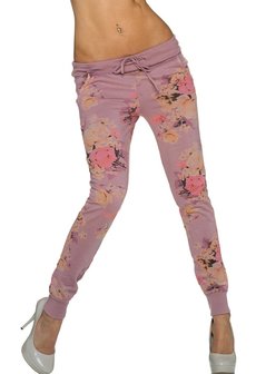 Dames broek / joggingbroek met bloemen - oudroze