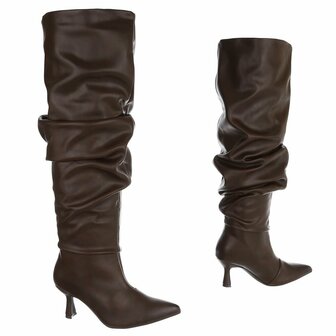 Dames slouchy overknee laarzen met kitten heels - donkerbruin