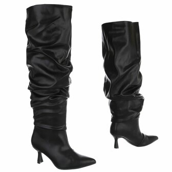 Dames slouchy overknee laarzen met kitten heels - zwart