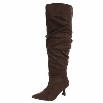Dames slouchy overknee laarzen met kitten heels - donkerbruin