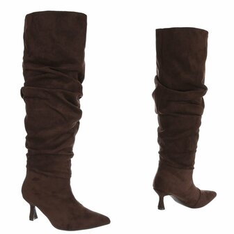 Dames slouchy overknee laarzen met kitten heels - donkerbruin