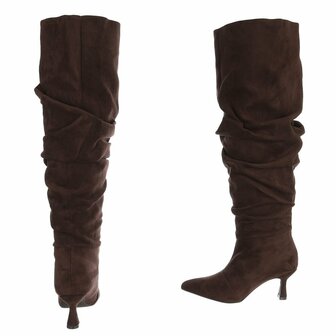 Dames slouchy overknee laarzen met kitten heels - donkerbruin