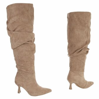Dames slouchy overknee laarzen met kitten heels - khaki bruin