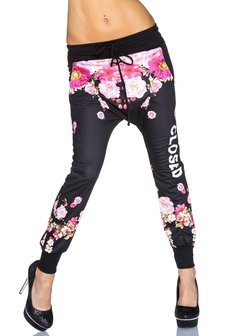 Dames chino broek / joggingbroek met bloemen - zwart