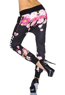 Dames chino broek / joggingbroek met bloemen - zwart