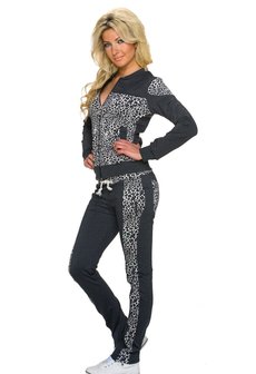 Dames huispak / joggingpak met panterprint - grijs