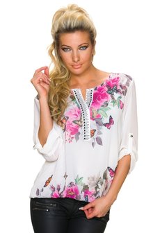 Dames shirt met lange mouw - wit / vlinders