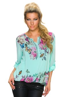 Dames shirt met lange mouw - turquoise / vlinders