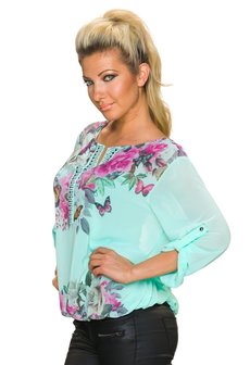 Dames shirt met lange mouw - turquoise / vlinders