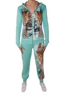 Dames huispak / joggingpak met panter - turquoise