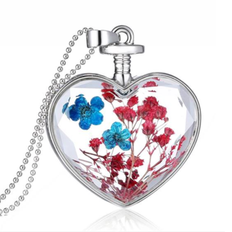 Ketting met echte bloemen - hart, rood / blauw