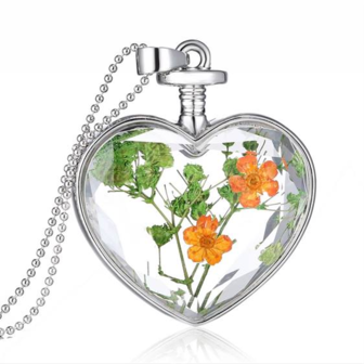 Ketting met echte bloemen - hart, oranje / groen