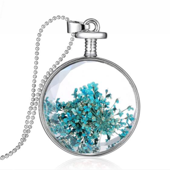 Ketting met echte bloemen - rond / blauw